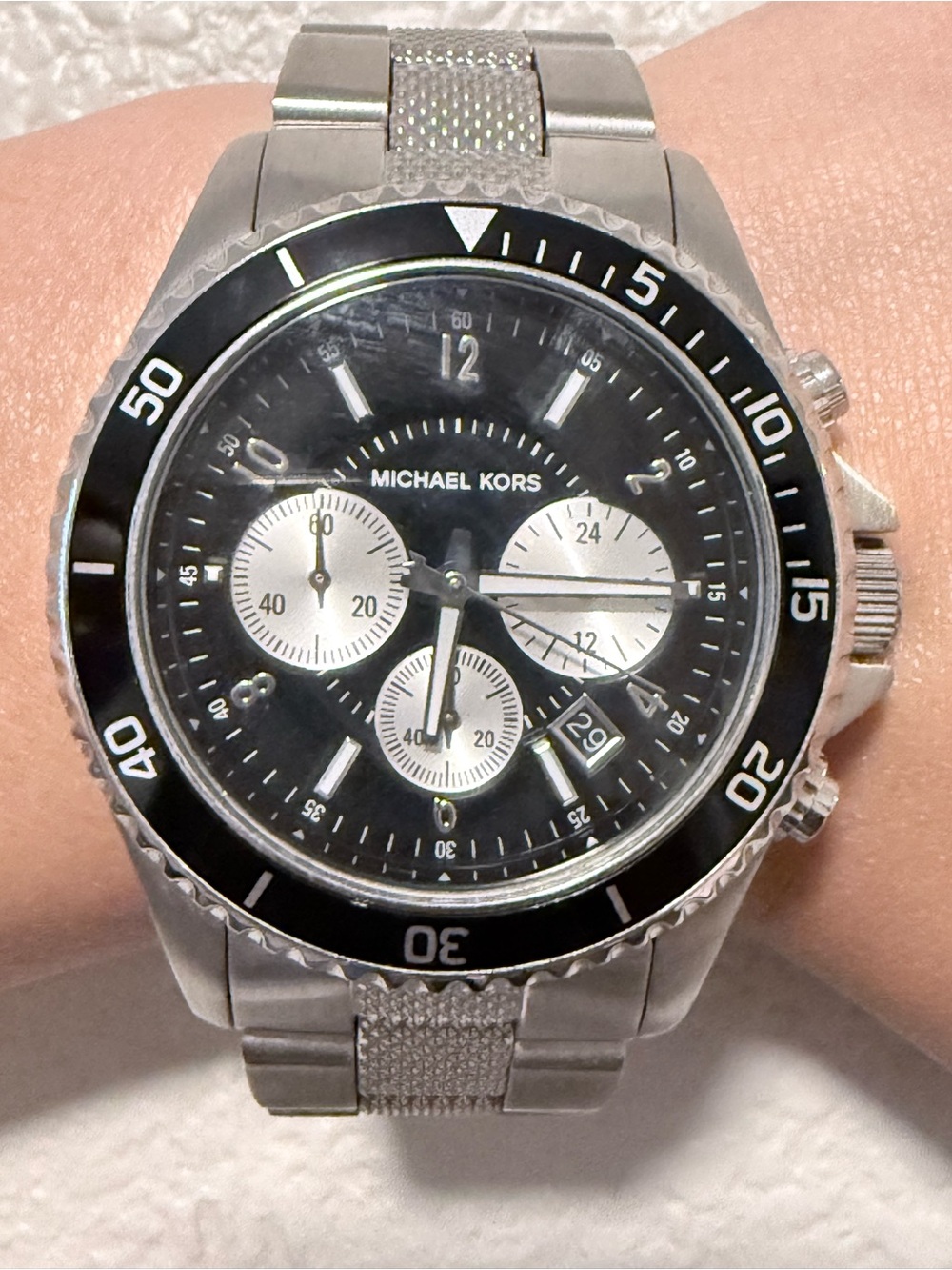 Michael Kors MK-8174 Stainless Steel Chronograph Watch – Black Dial Silver Tone